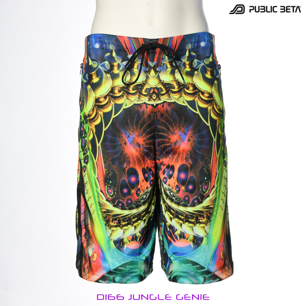 Jungle Genie by PublicBetaWear Beach shorts with glow in blacklight psychedelic art prints. Ideal for psytrance festivals.