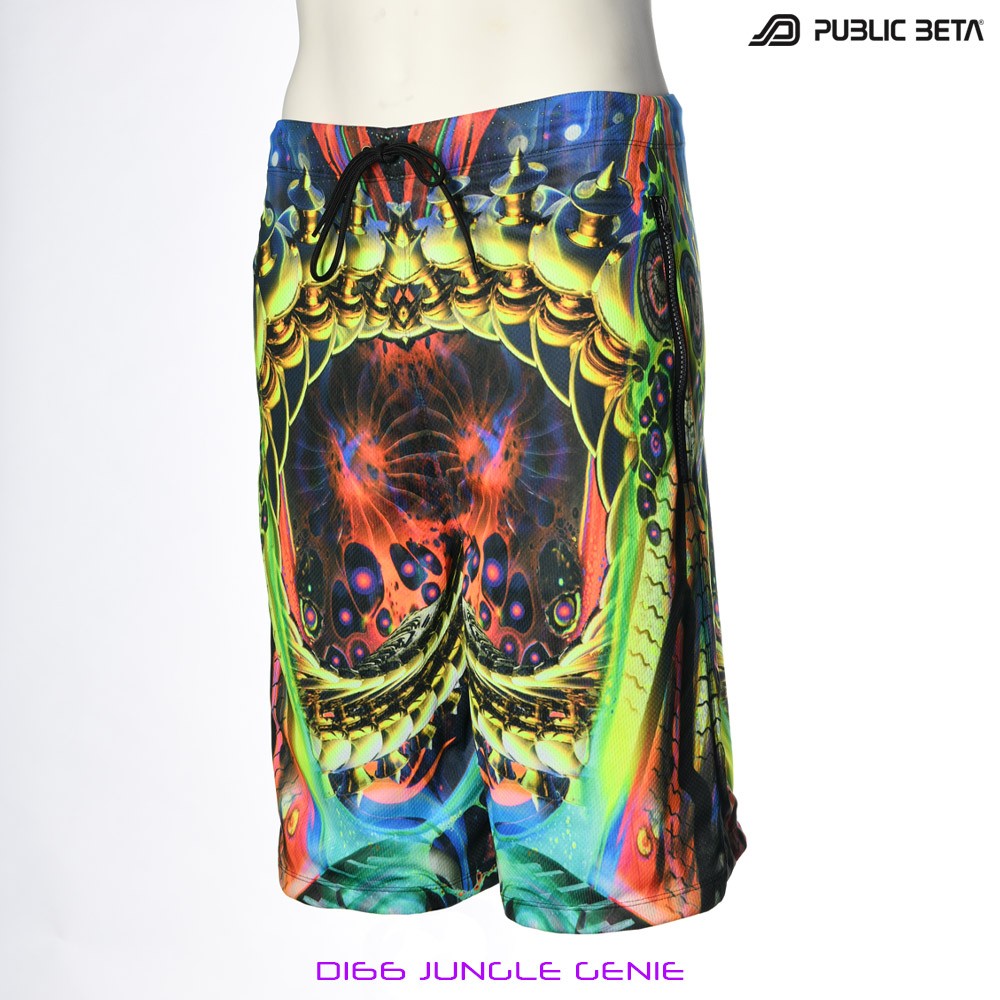 Jungle Genie by PublicBetaWear Beach shorts with glow in blacklight psychedelic art prints. Ideal for psytrance festivals.