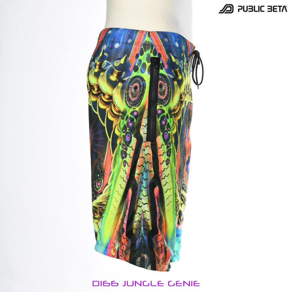 Jungle Genie by PublicBetaWear Beach shorts with glow in blacklight psychedelic art prints. Ideal for psytrance festivals.