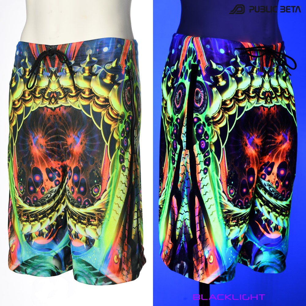 Jungle Genie by PublicBetaWear Beach shorts with glow in blacklight psychedelic art prints. Ideal for psytrance festivals.