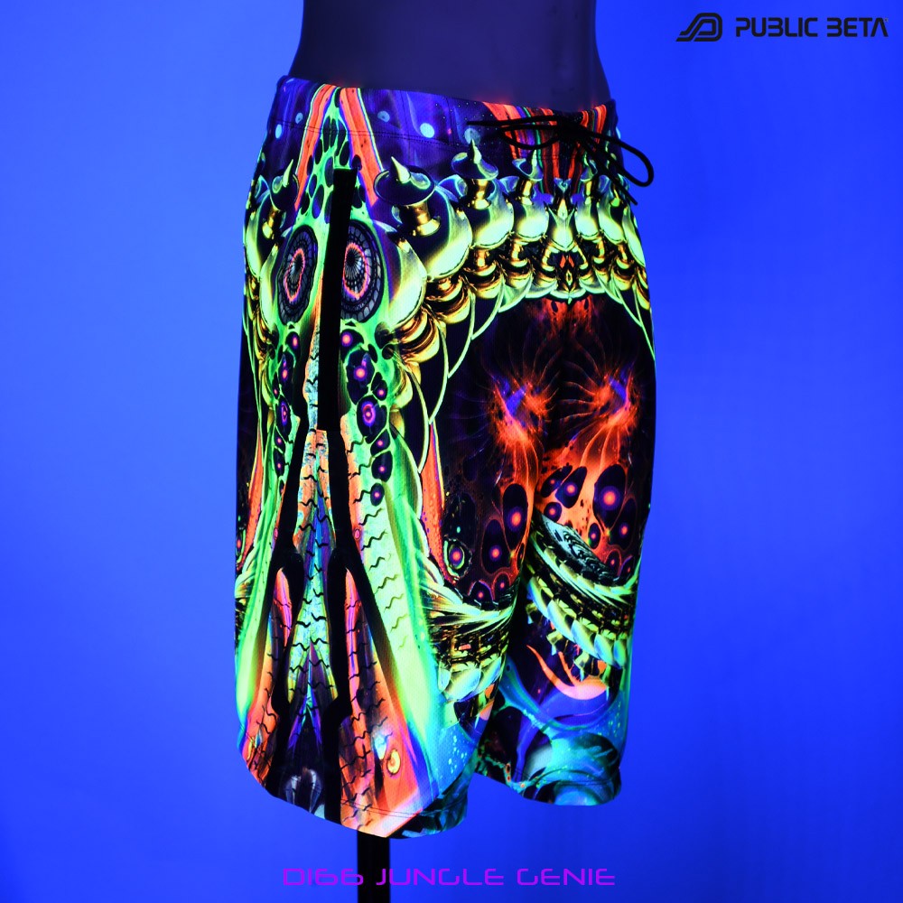 Jungle Genie by PublicBetaWear Beach shorts with glow in blacklight psychedelic art prints. Ideal for psytrance festivals.