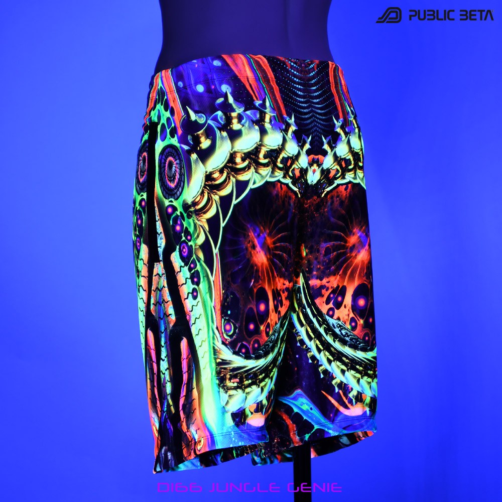 Jungle Genie by PublicBetaWear Beach shorts with glow in blacklight psychedelic art prints. Ideal for psytrance festivals.