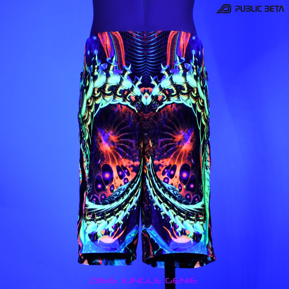 Jungle Genie by PublicBetaWear Beach shorts with glow in blacklight psychedelic art prints. Ideal for psytrance festivals.