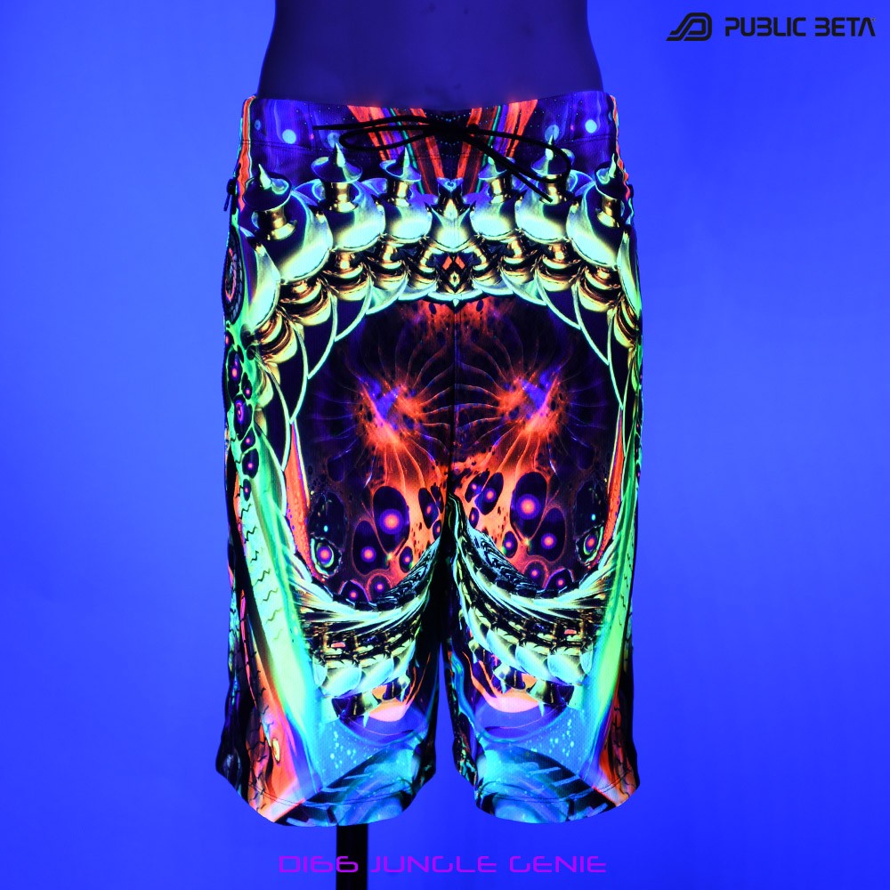 Jungle Genie by PublicBetaWear Beach shorts with glow in blacklight psychedelic art prints. Ideal for psytrance festivals.