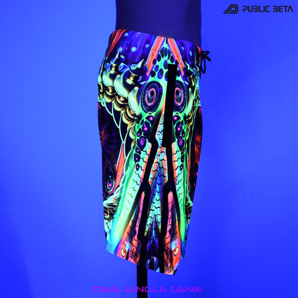 Jungle Genie by PublicBetaWear Beach shorts with glow in blacklight psychedelic art prints. Ideal for psytrance festivals.