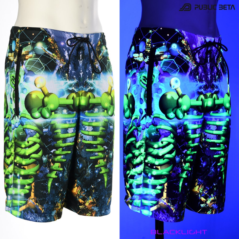 Flux by PublicBetaWear Beach shorts with glow in blacklight psychedelic art prints. Ideal for psytrance festivals.