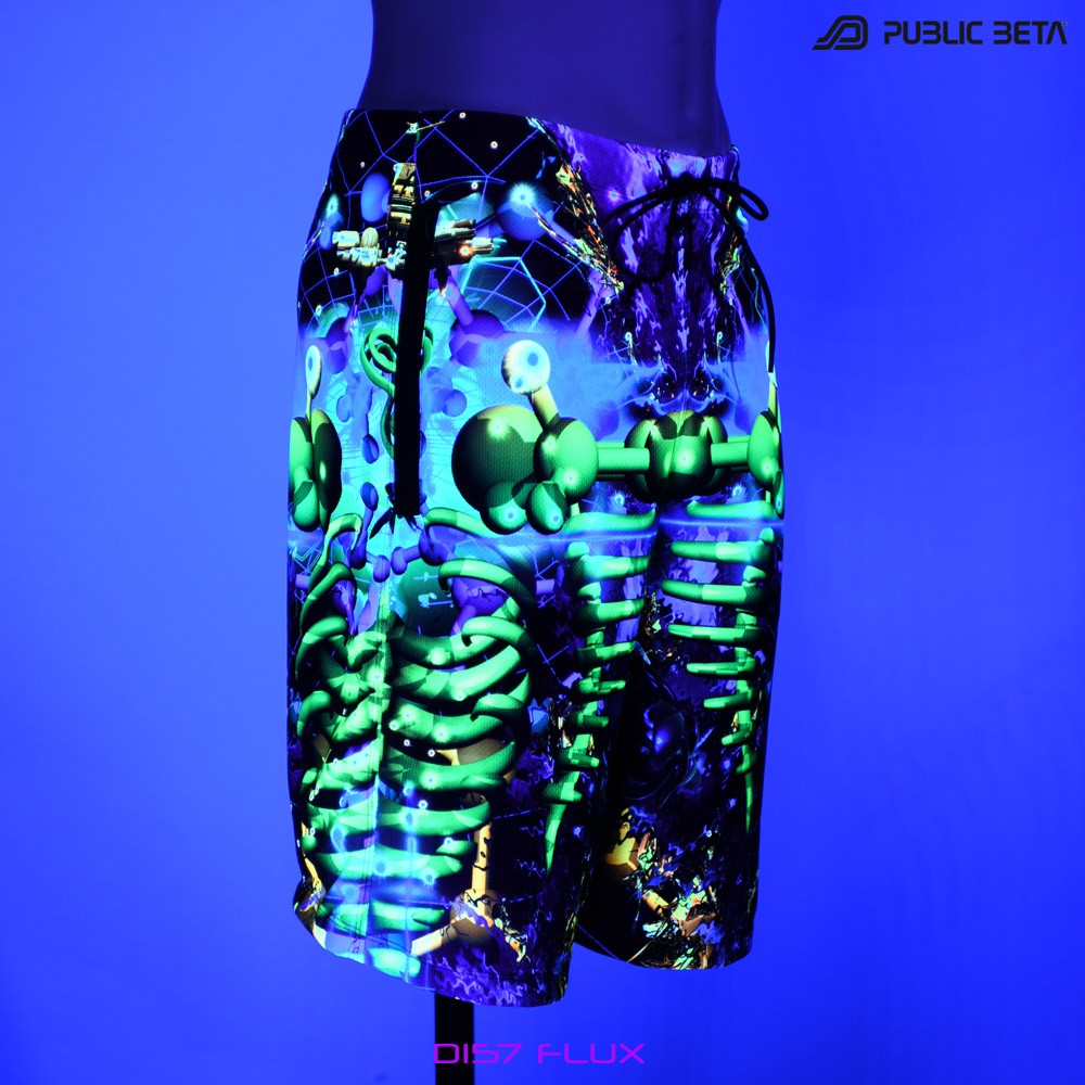 Flux by PublicBetaWear Beach shorts with glow in blacklight psychedelic art prints. Ideal for psytrance festivals.