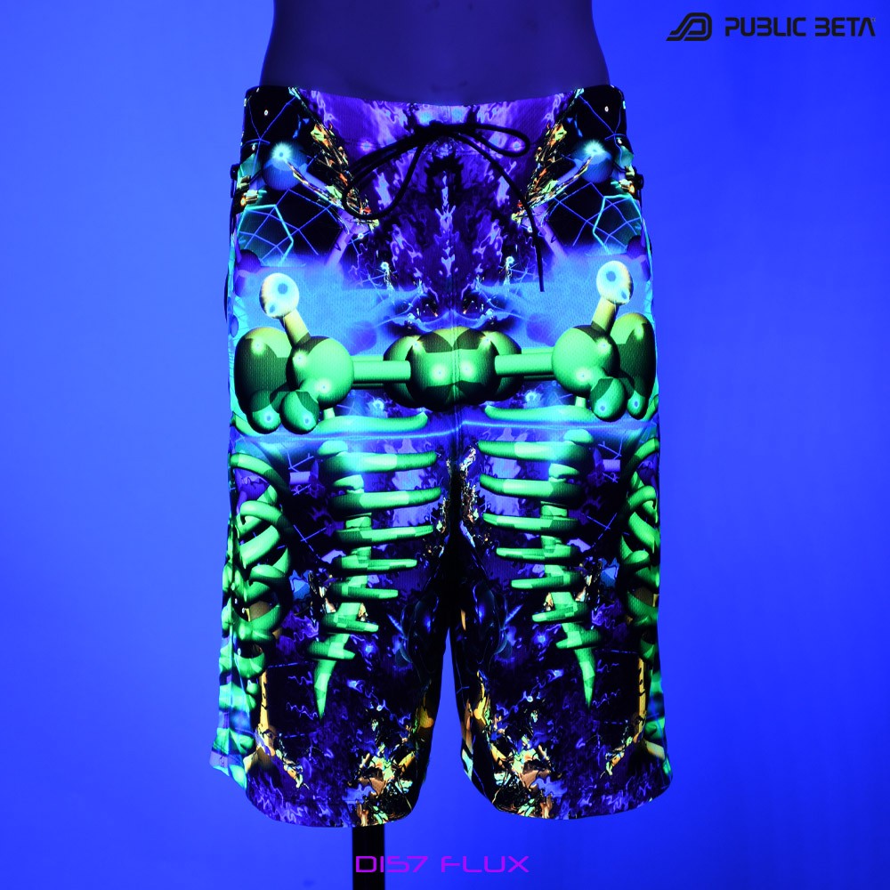 Flux by PublicBetaWear Beach shorts with glow in blacklight psychedelic art prints. Ideal for psytrance festivals.