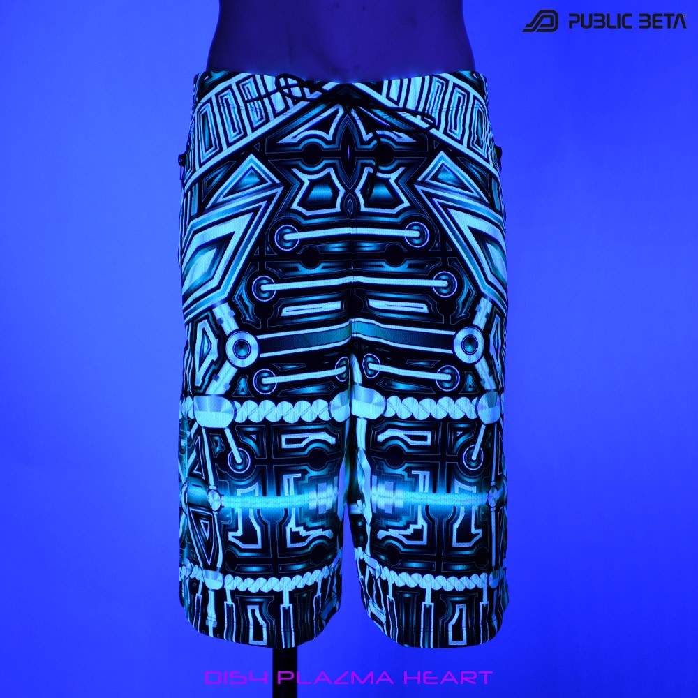 Plazma Heart by PublicBetaWear Beach shorts with glow in blacklight psychedelic art prints. Ideal for psytrance festivals.
