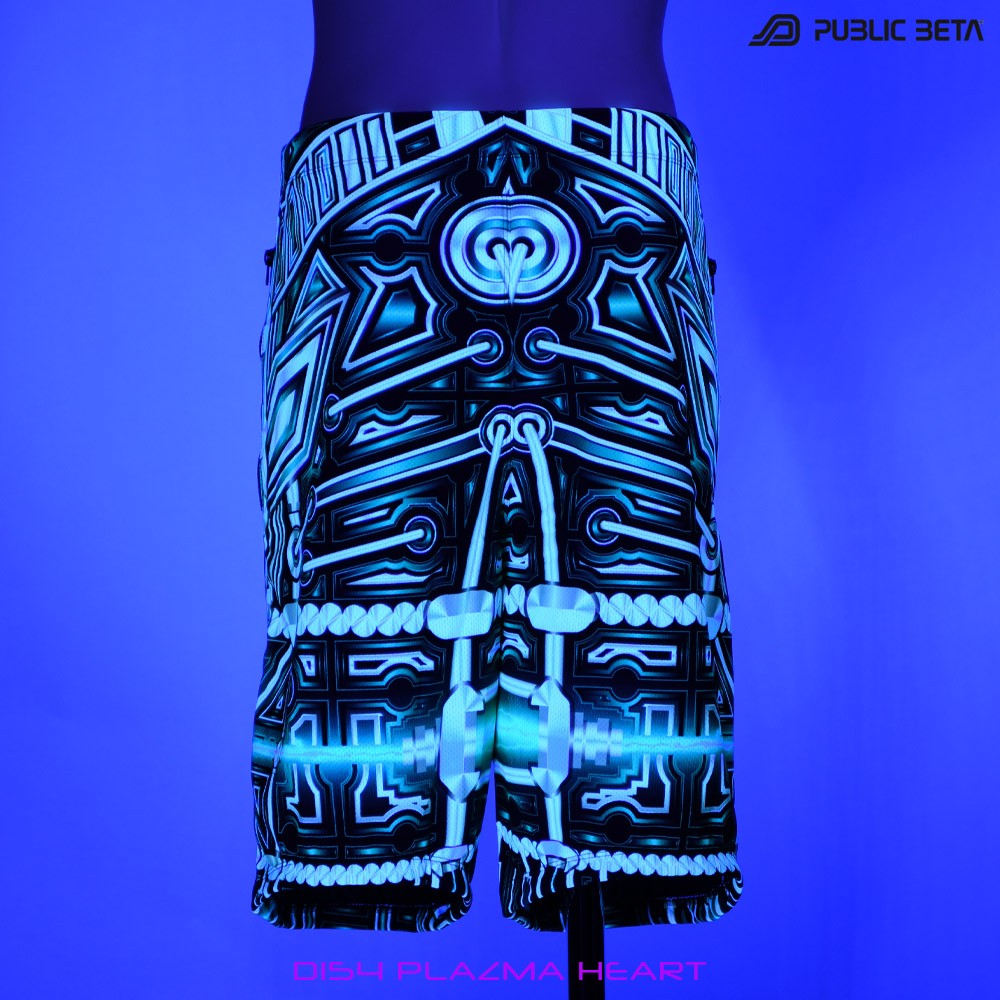 Plazma Heart by PublicBetaWear Beach shorts with glow in blacklight psychedelic art prints. Ideal for psytrance festivals.