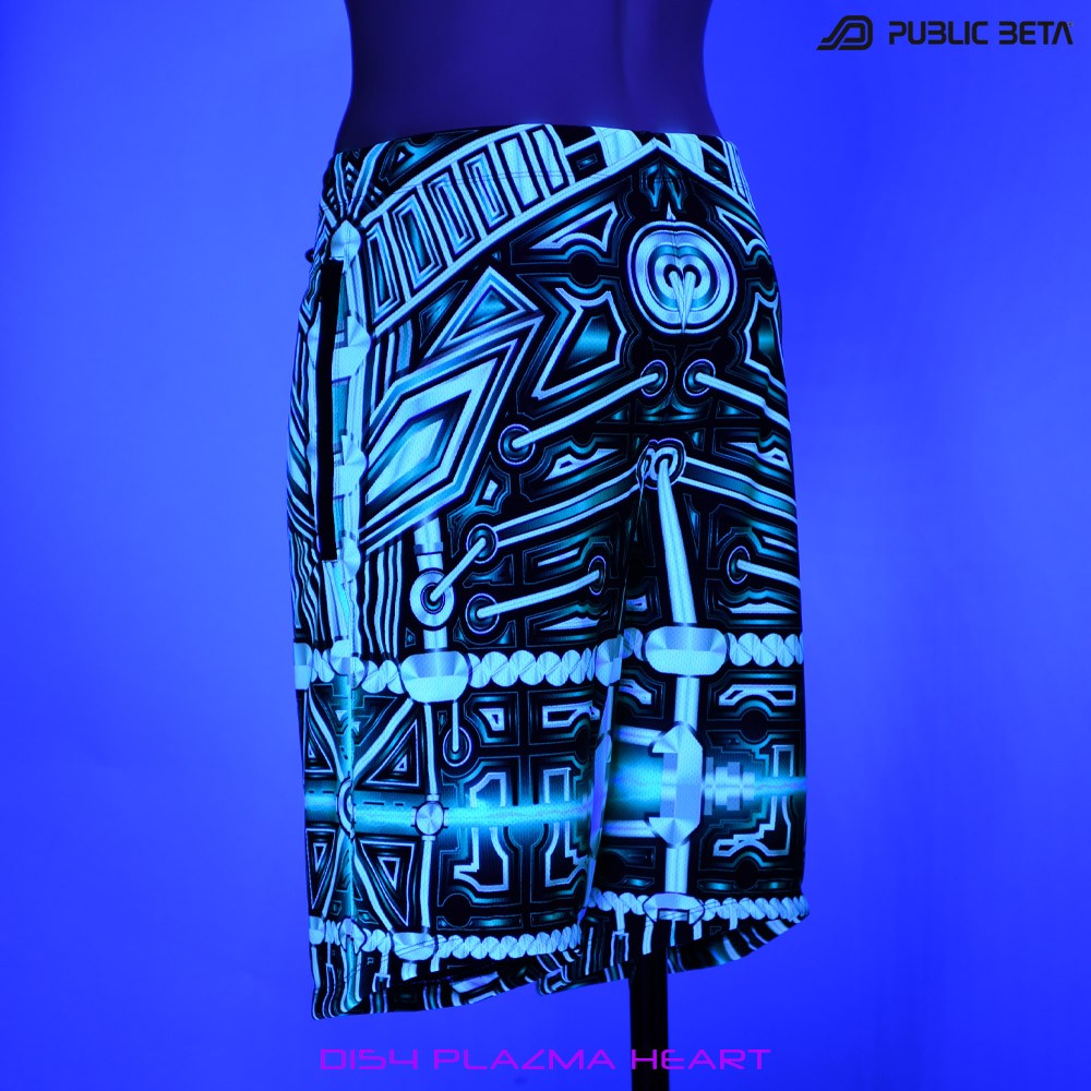 Plazma Heart by PublicBetaWear Beach shorts with glow in blacklight psychedelic art prints. Ideal for psytrance festivals.