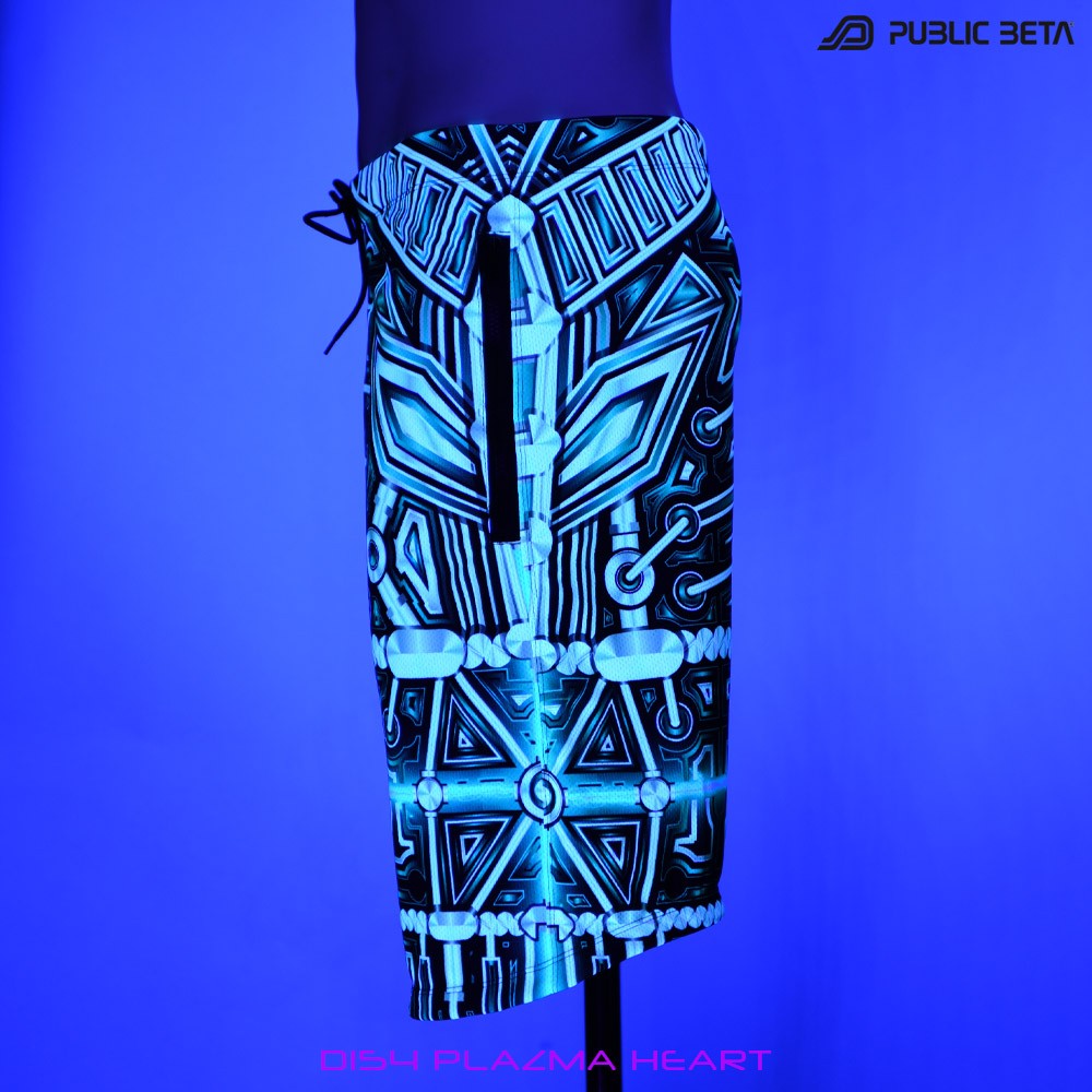 Plazma Heart by PublicBetaWear Beach shorts with glow in blacklight psychedelic art prints. Ideal for psytrance festivals.