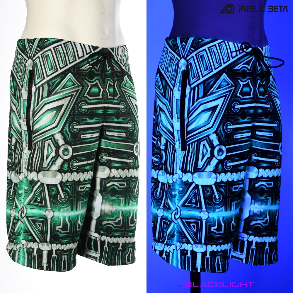 Plazma Heart by PublicBetaWear Beach shorts with glow in blacklight psychedelic art prints. Ideal for psytrance festivals.