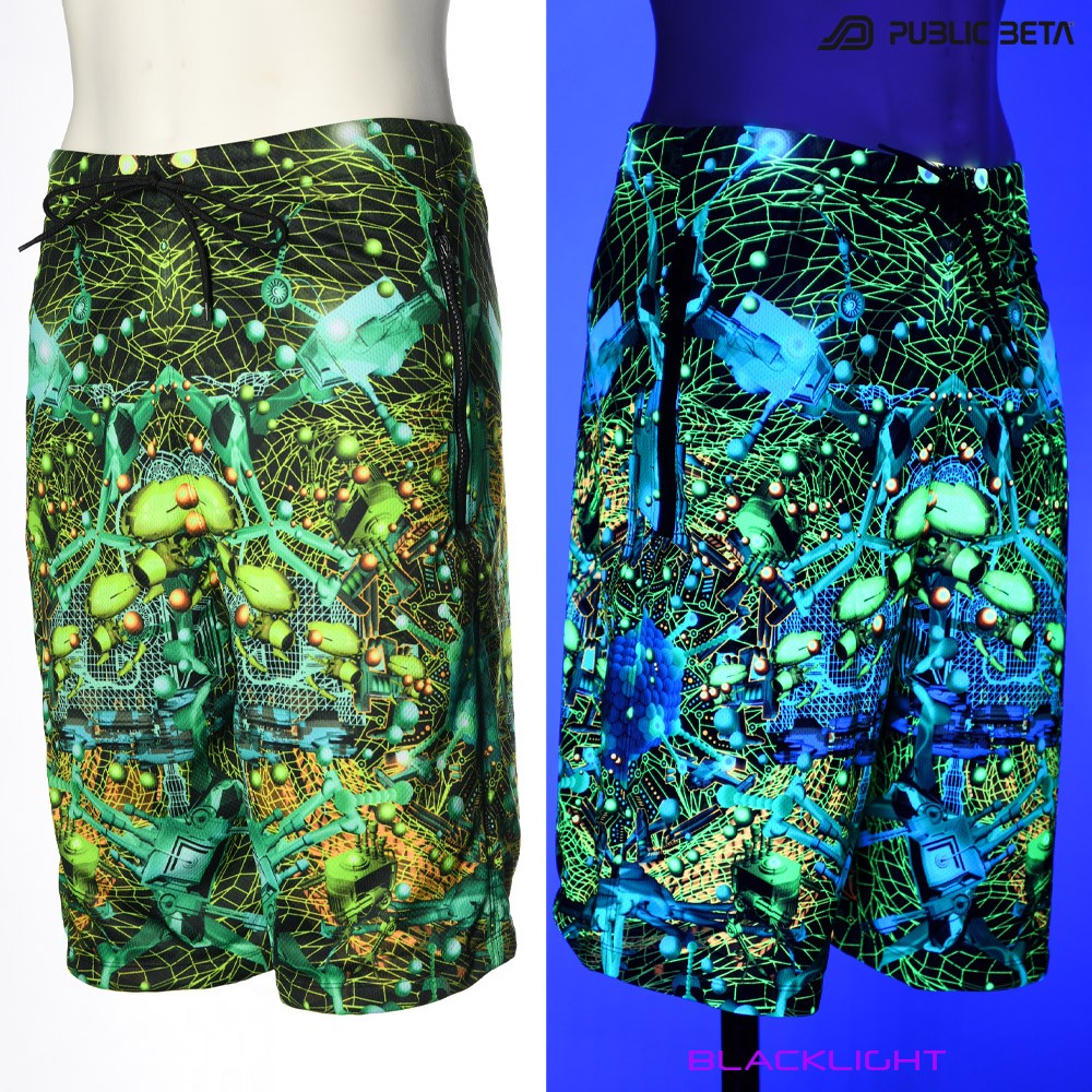 Neurotunnel by PublicBetaWear Beach shorts with glow in blacklight psychedelic art prints. Ideal for psytrance festivals.