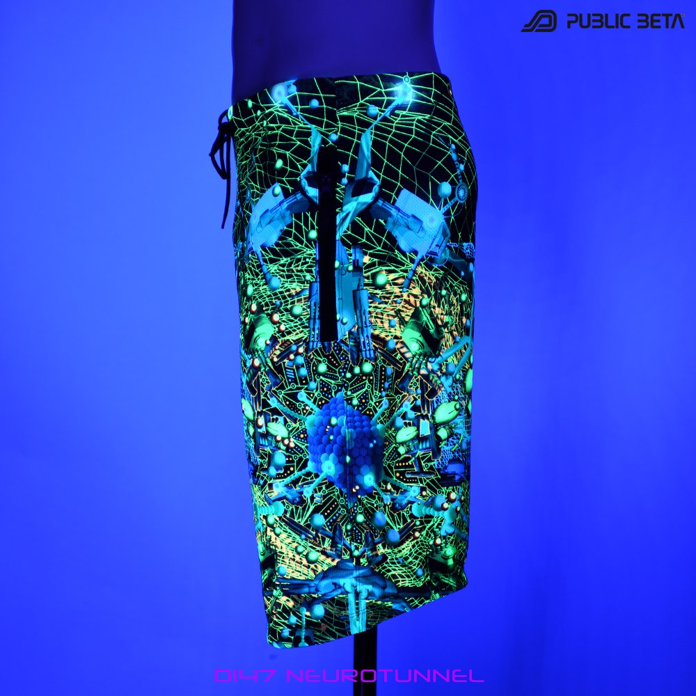 Neurotunnel by PublicBetaWear Beach shorts with glow in blacklight psychedelic art prints. Ideal for psytrance festivals.