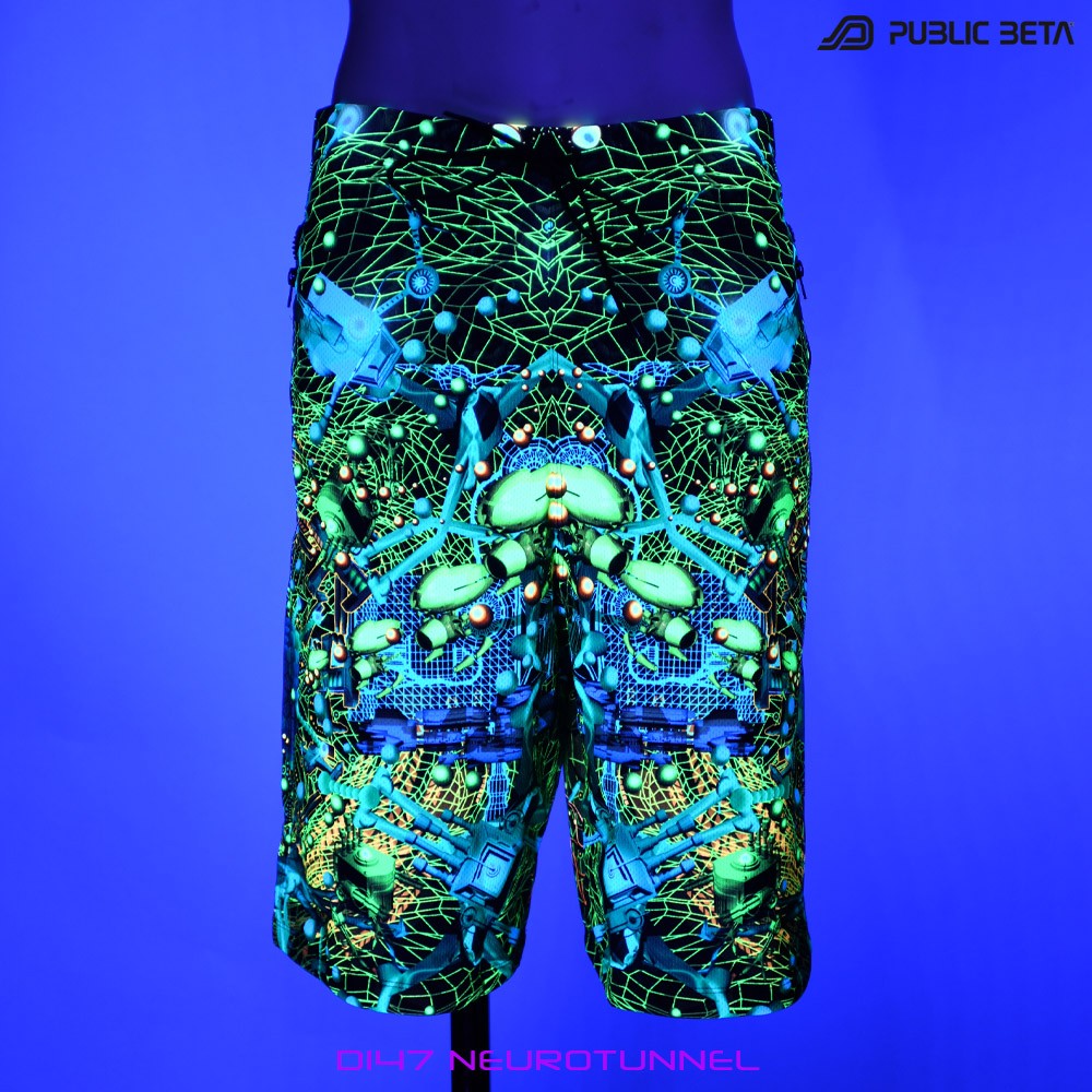Neurotunnel by PublicBetaWear Beach shorts with glow in blacklight psychedelic art prints. Ideal for psytrance festivals.