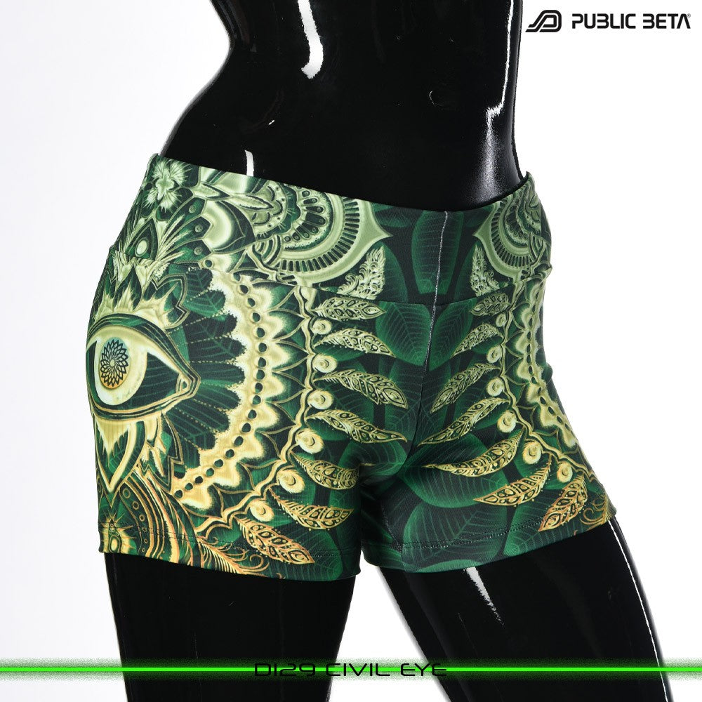 Civil Eye Psychedelic Active Wear Psytrance Shorts in blacklight