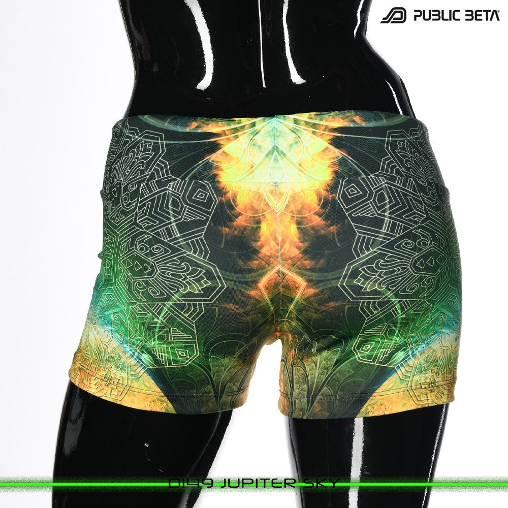Jupiter Sky Psychedelic Active Wear Psytrance Shorts in blacklight