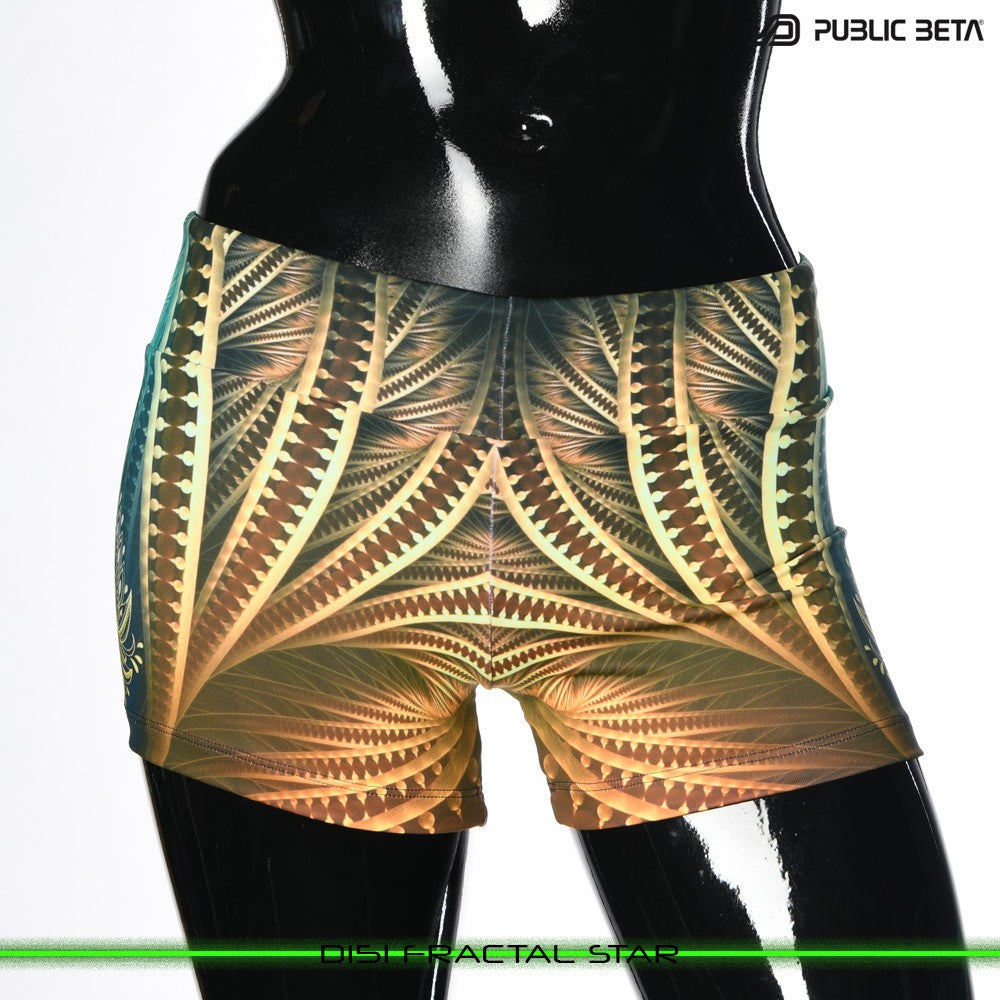 Fractal Star Psychedelic Active Wear Psytrance Shorts in blacklight