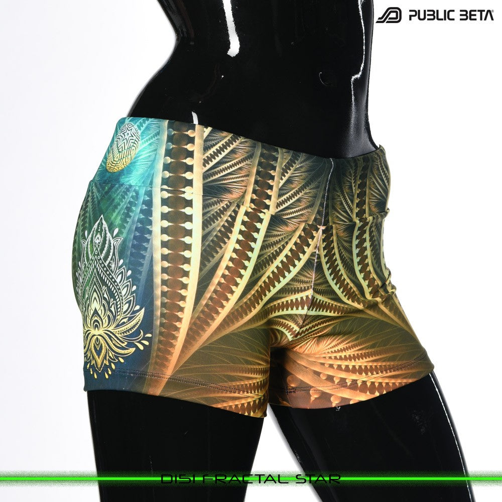 Fractal Star Psychedelic Active Wear Psytrance Shorts in blacklight