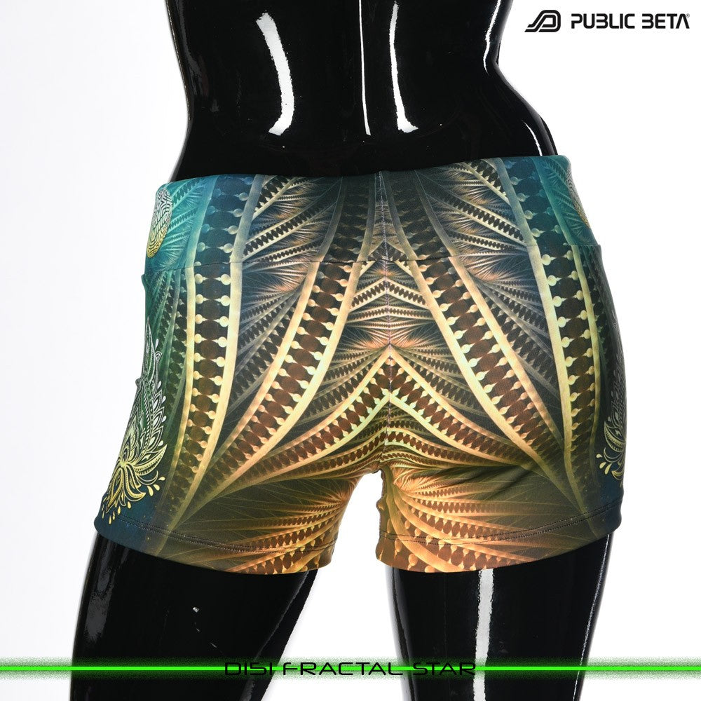 Fractal Star Psychedelic Active Wear Psytrance Shorts in blacklight