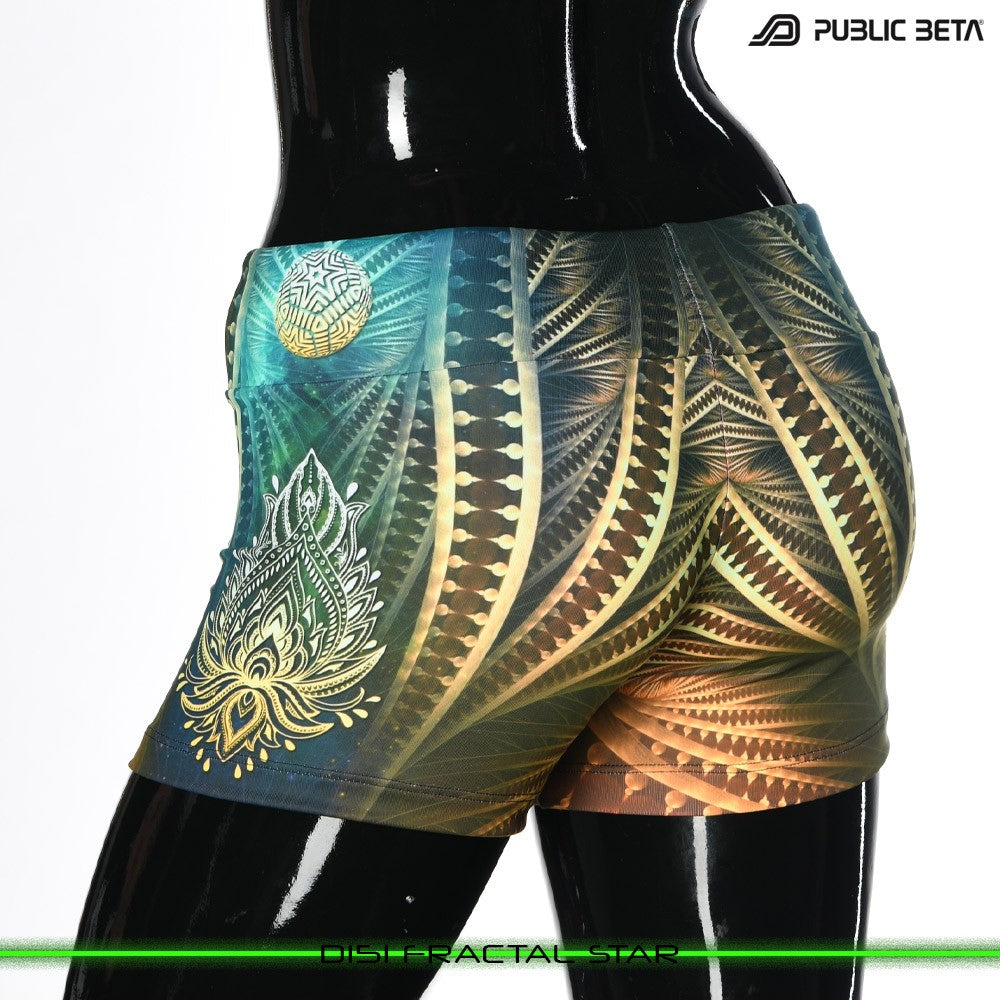 Fractal Star Psychedelic Active Wear Psytrance Shorts in blacklight