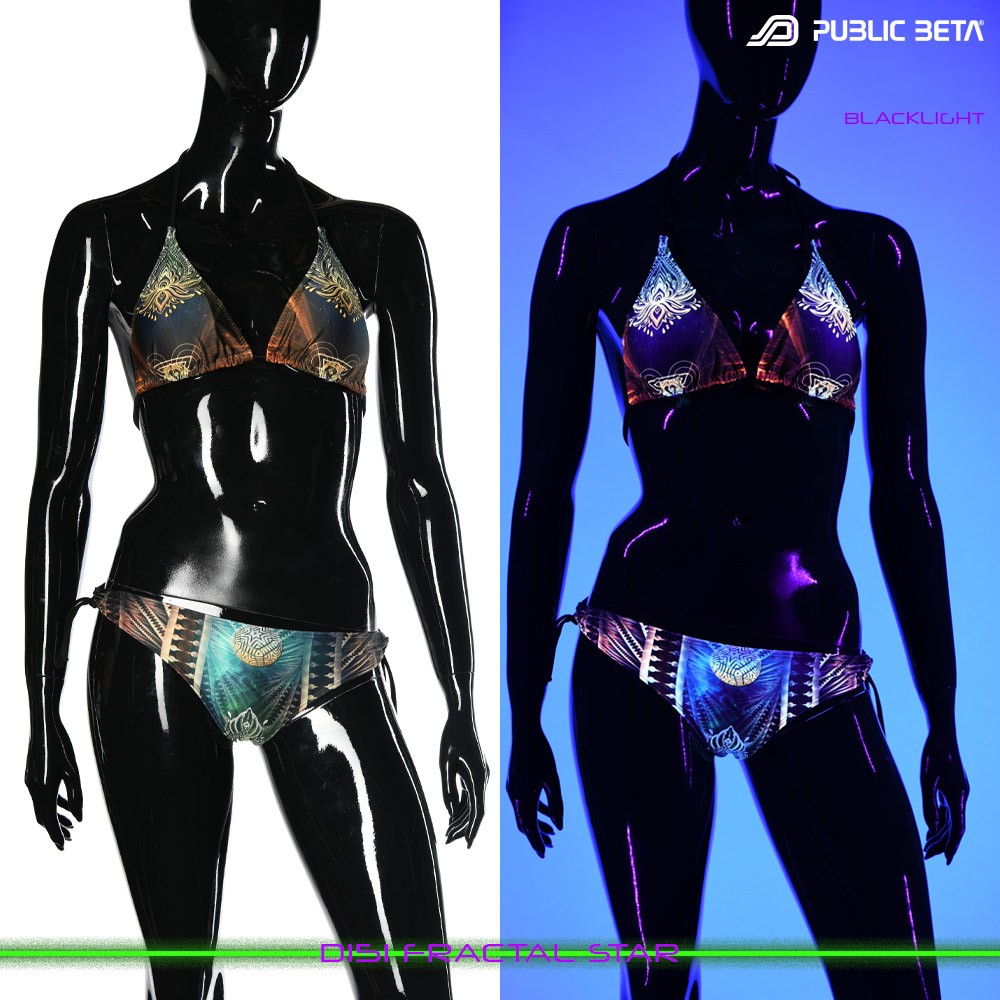 Fractal Star UV Active Bikini Top and Bottom, Psychedelic Art digital print, Beachparty wear by Public Beta