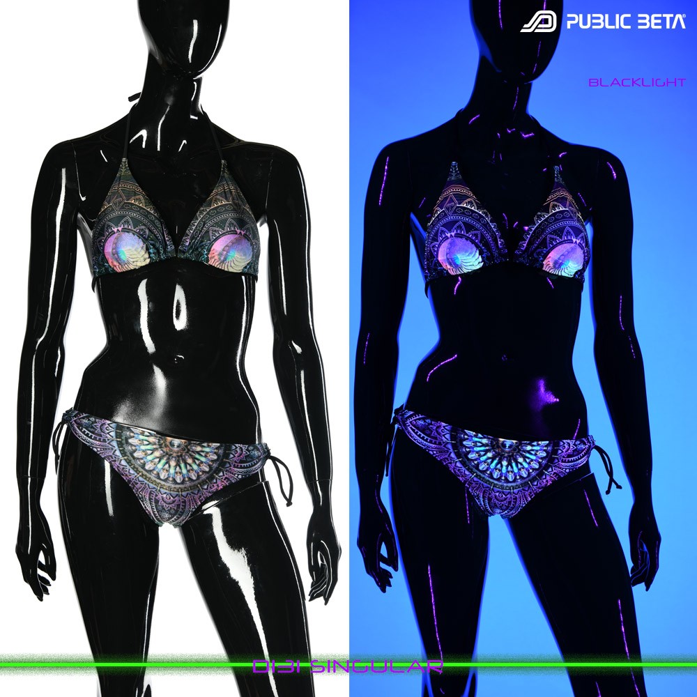 Singular UV Active Bikini Top and Bottom, Psychedelic Art digital print, Beachparty wear by Public Beta