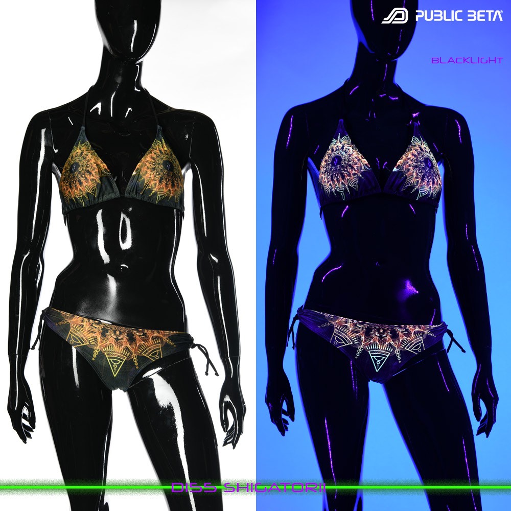Shigatorii UV Active Bikini Top and Bottom, Psychedelic Art digital print, Beachparty wear by Public Beta