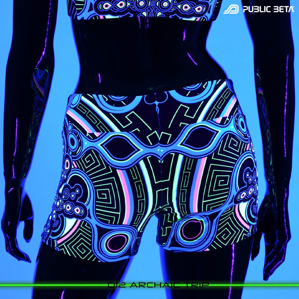 Archaic Trip Psychedelic Active Wear Psytrance Shorts in blacklight