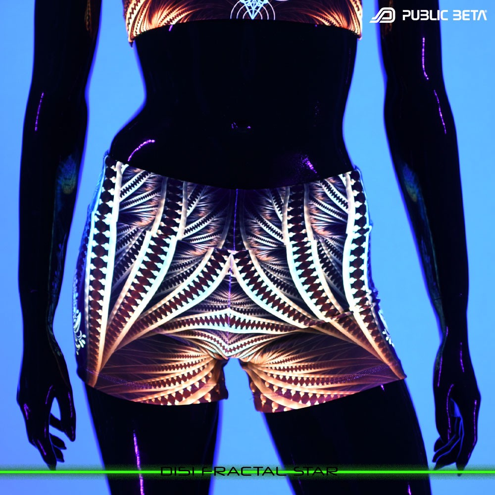 Fractal Star Psychedelic Active Wear Psytrance Shorts in blacklight