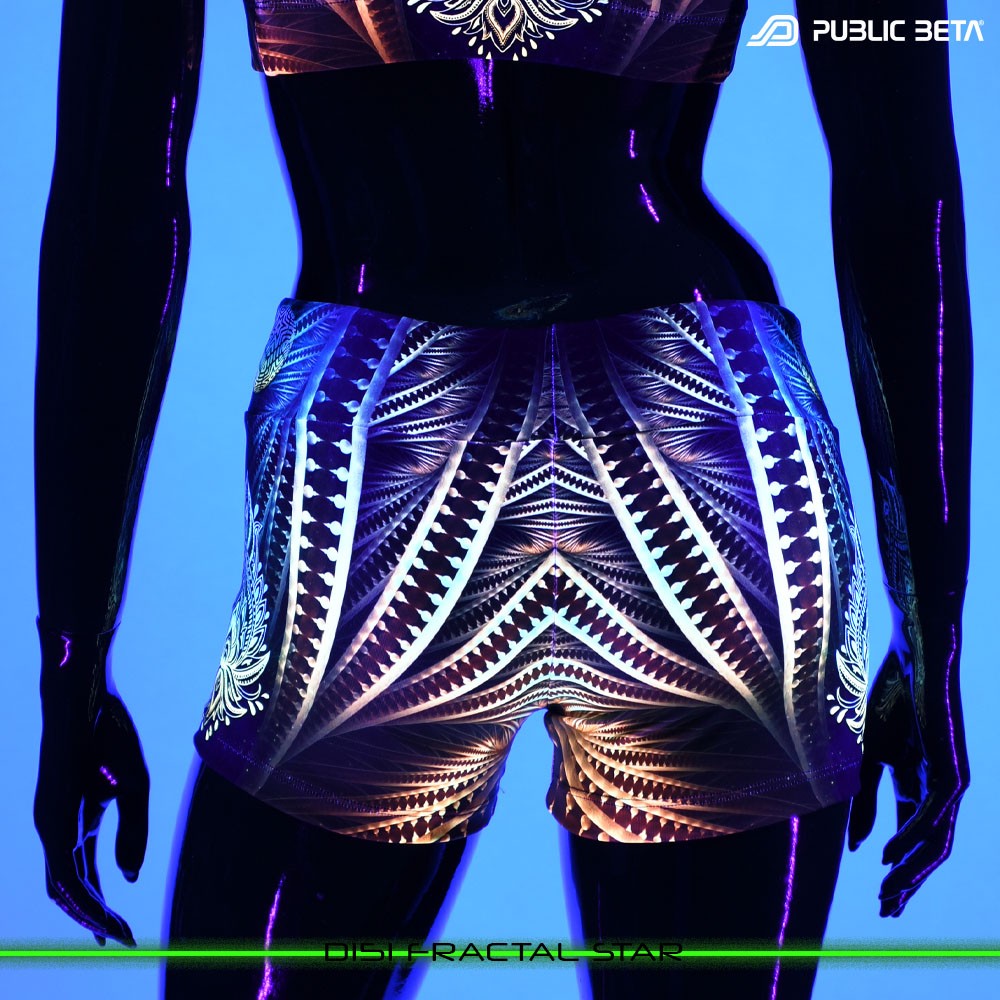 Fractal Star Psychedelic Active Wear Psytrance Shorts in blacklight