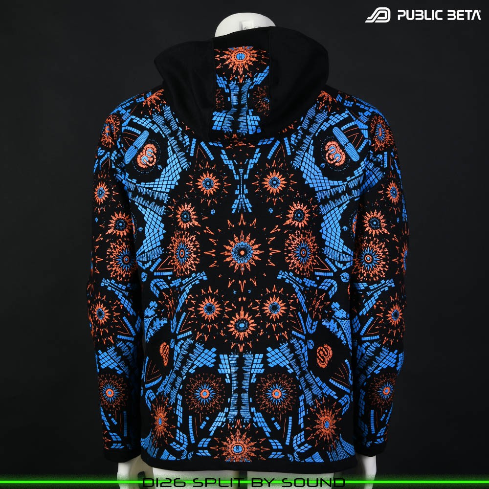 Split by Sound Glow in Blacklight Psywear. Silk Print on 100% Cotton by Public Beta Wear