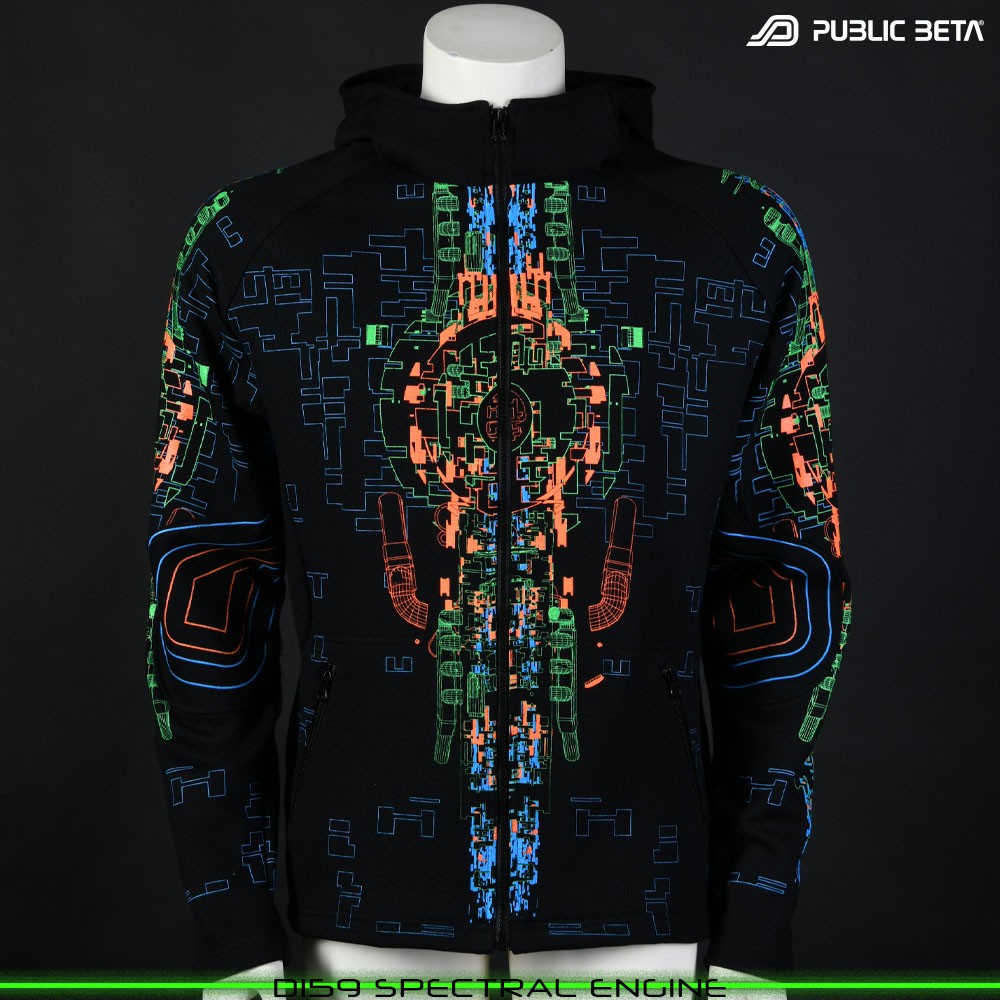 Spectran Engine Glow in Blacklight Psywear. Silk Print on 100% Cotton by Public Beta Wear