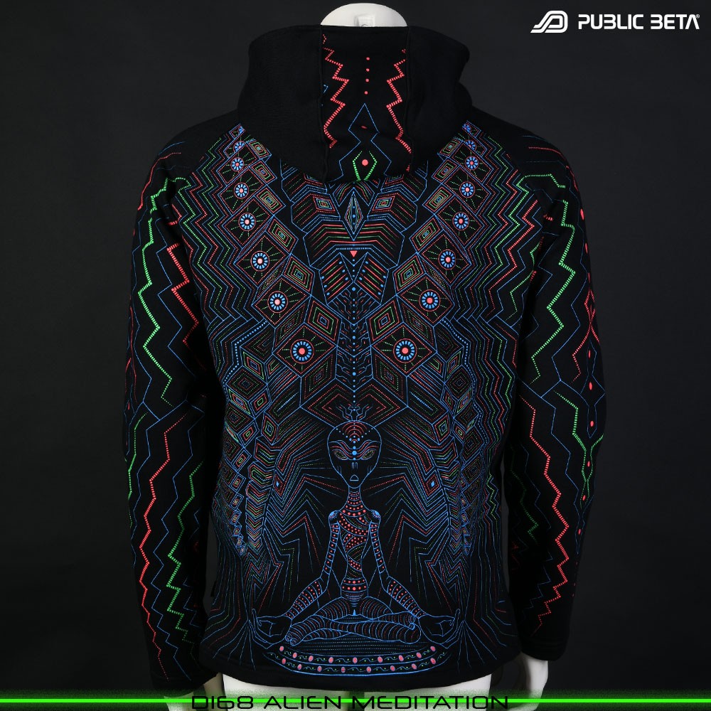 Alien Meditation Glow in Blacklight Psywear. Silk Print on 100% Cotton by Public Beta Wear