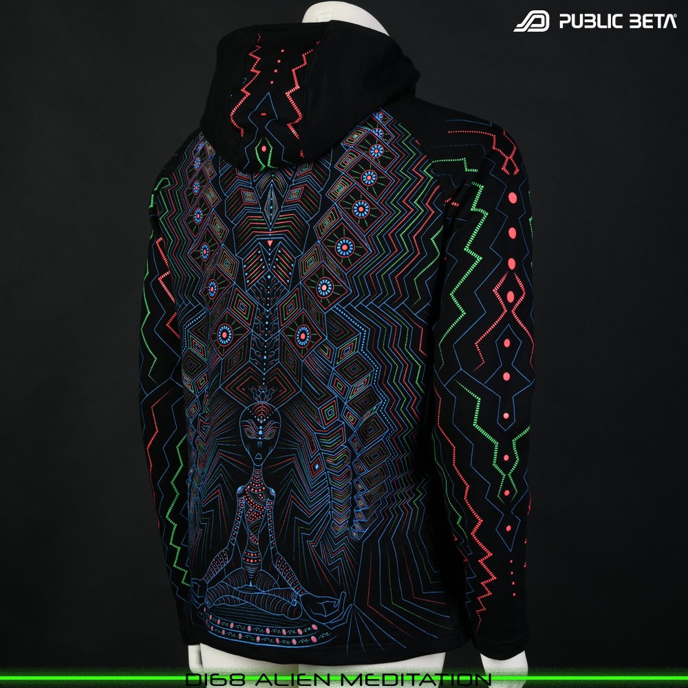 Alien Meditation Glow in Blacklight Psywear. Silk Print on 100% Cotton by Public Beta Wear