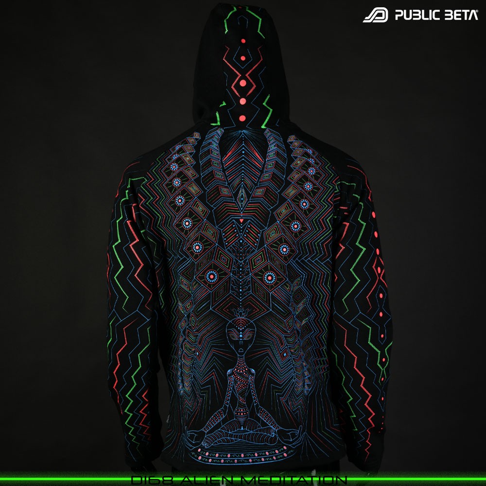 Alien Meditation Glow in Blacklight Psywear. Silk Print on 100% Cotton by Public Beta Wear