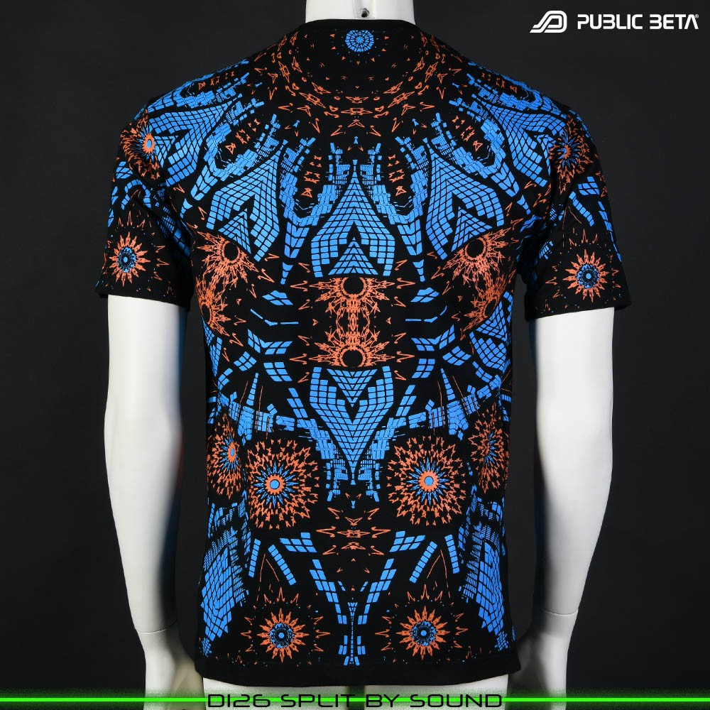Split by Sound Visionary psychedelic art print on t-shirt. Durable Glow in Blacklight full print by Public Beta Wear