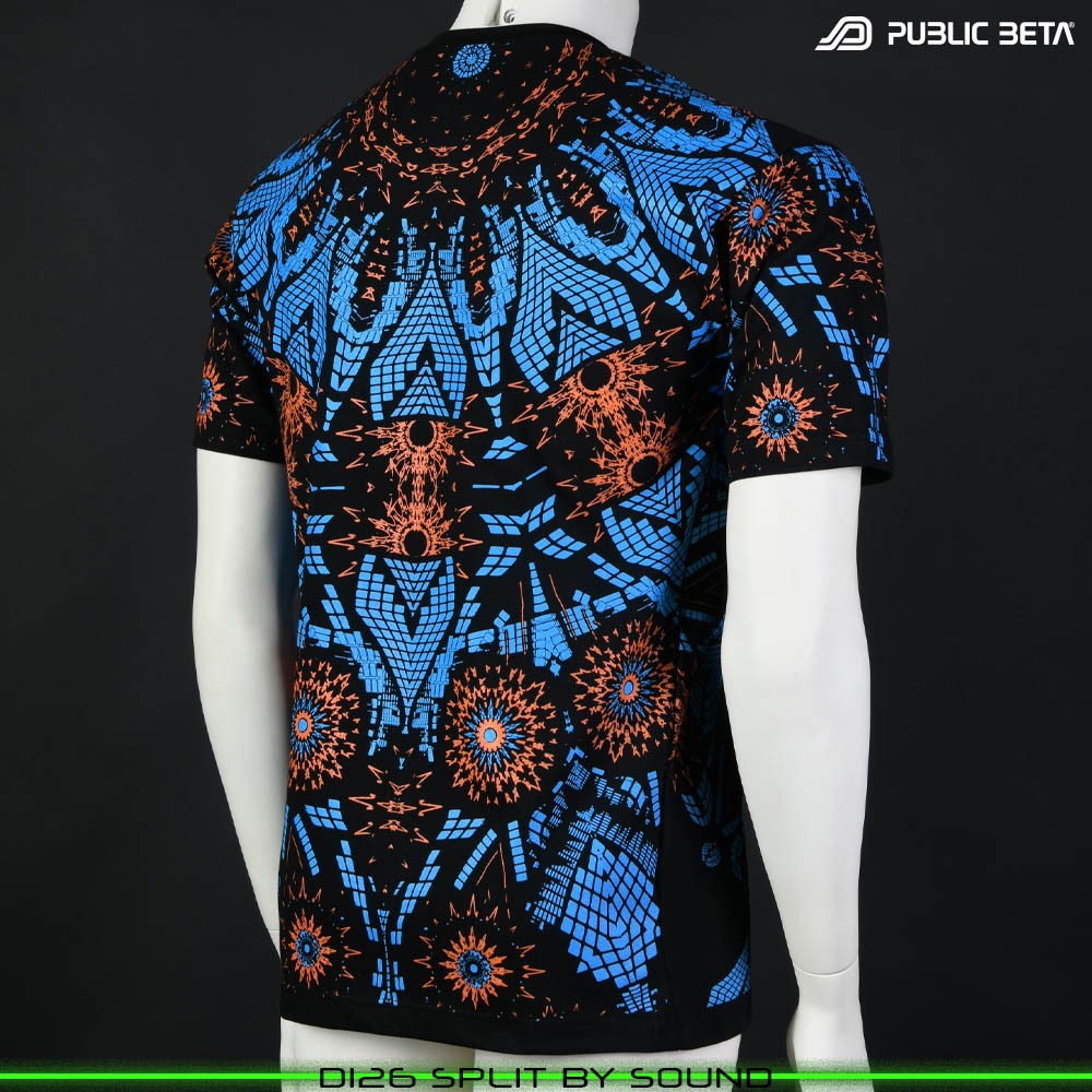 Split by Sound Visionary psychedelic art print on t-shirt. Durable Glow in Blacklight full print by Public Beta Wear
