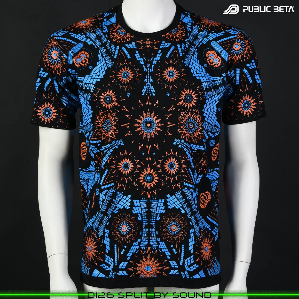 Split by Sound Visionary psychedelic art print on t-shirt. Durable Glow in Blacklight full print by Public Beta Wear