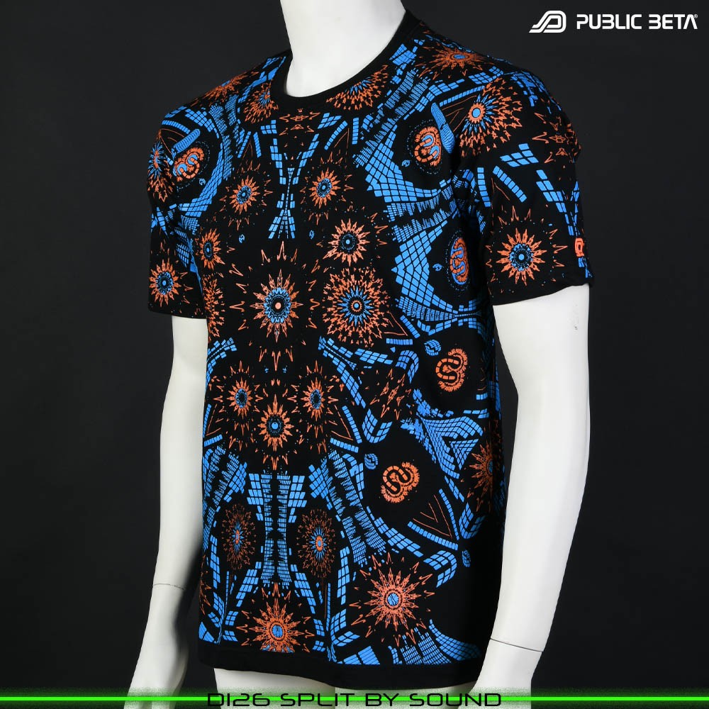 Split by Sound Visionary psychedelic art print on t-shirt. Durable Glow in Blacklight full print by Public Beta Wear