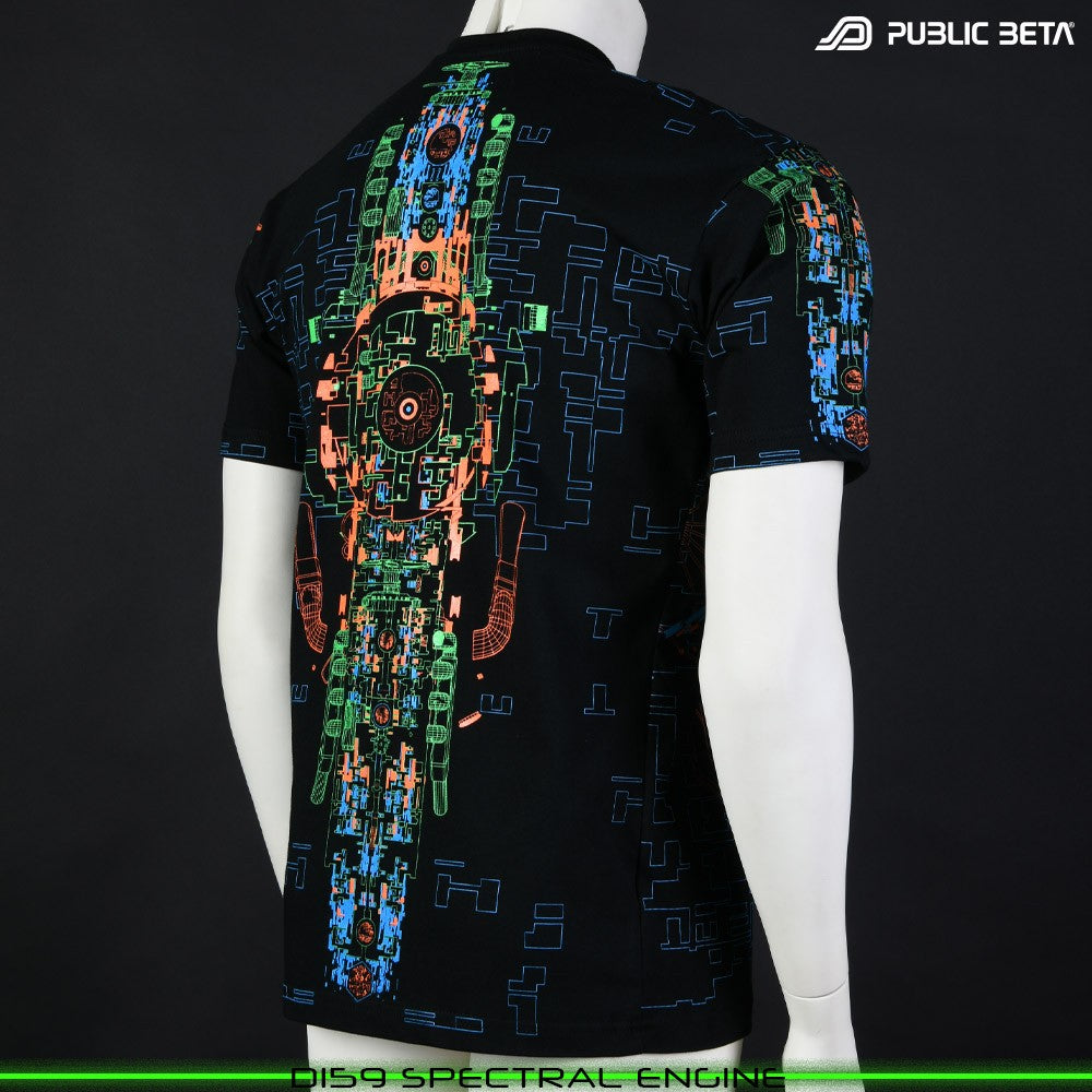 Spectral Engine Visionary psychedelic art print on t-shirt. Durable Glow in Blacklight full print by Public Beta Wear