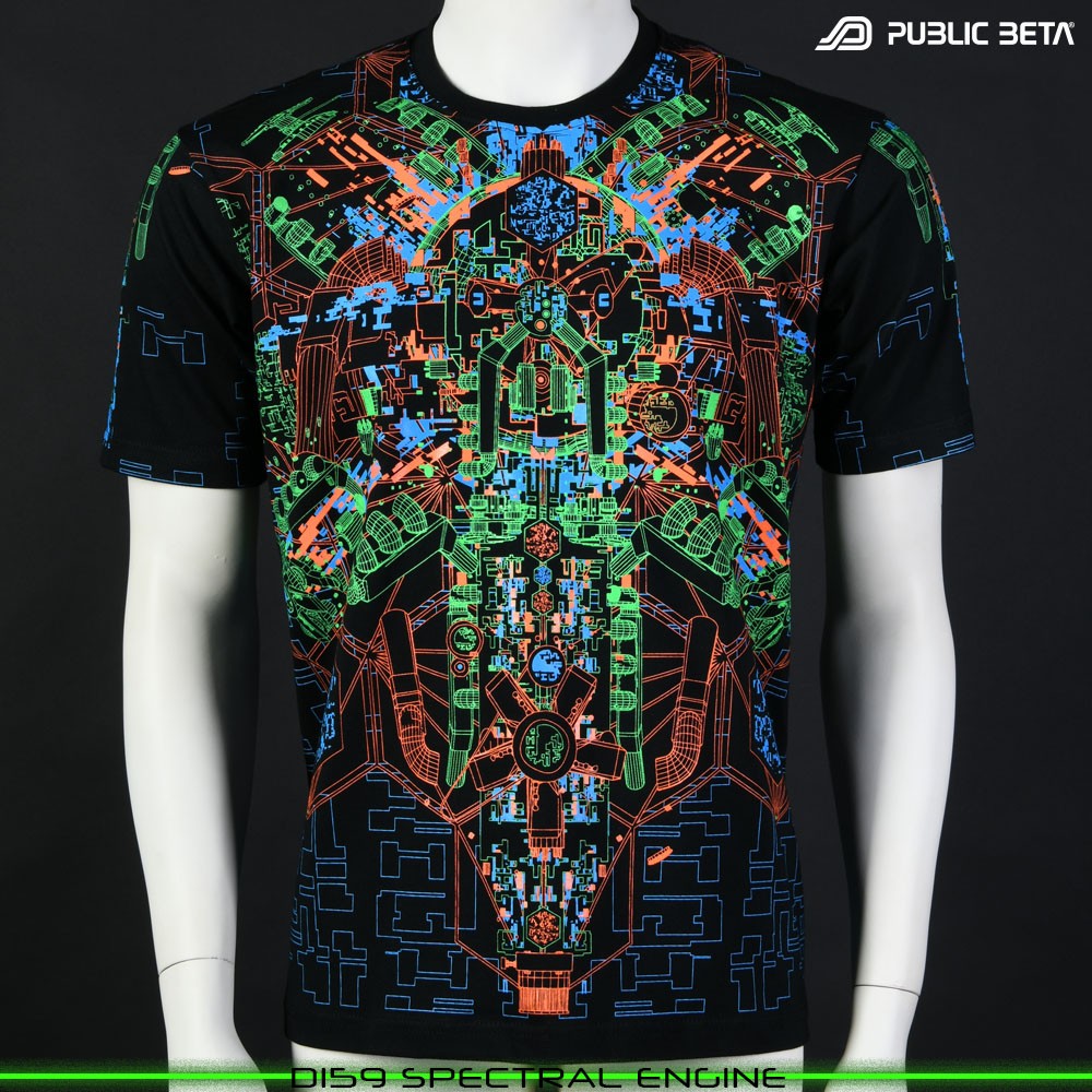 Spectral Engine Visionary psychedelic art print on t-shirt. Durable Glow in Blacklight full print by Public Beta Wear