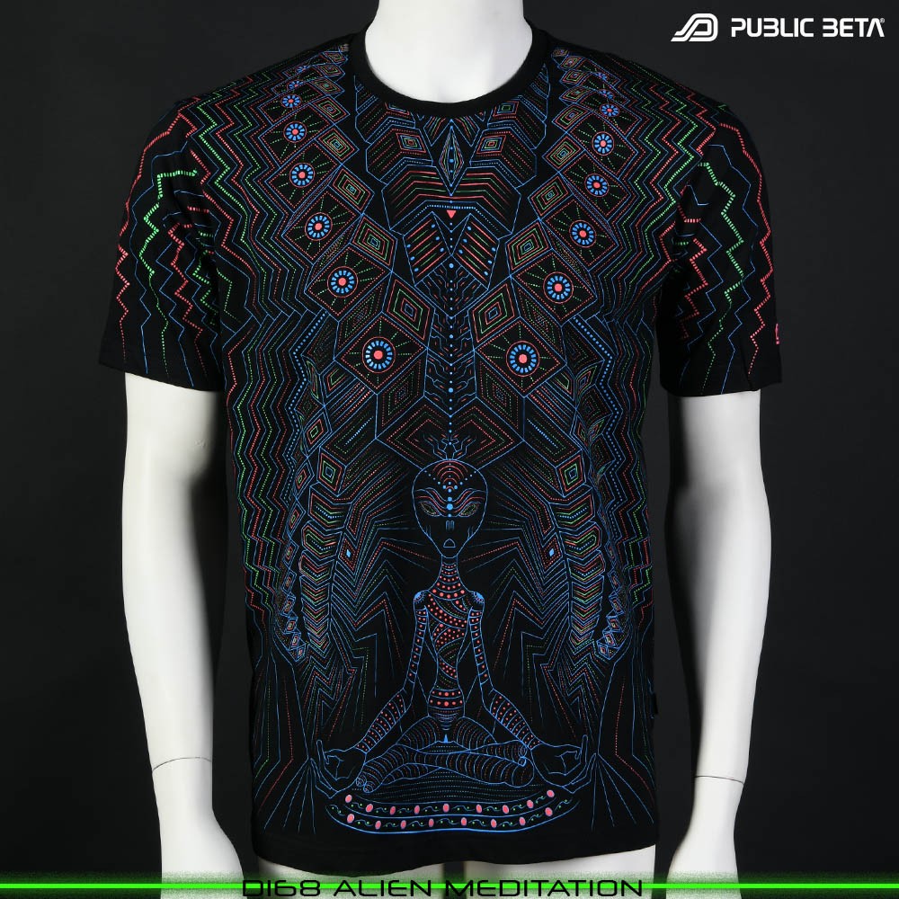 Alien Meditation Visionary psychedelic art print on t-shirt. Durable Glow in Blacklight full print by Public Beta Wear