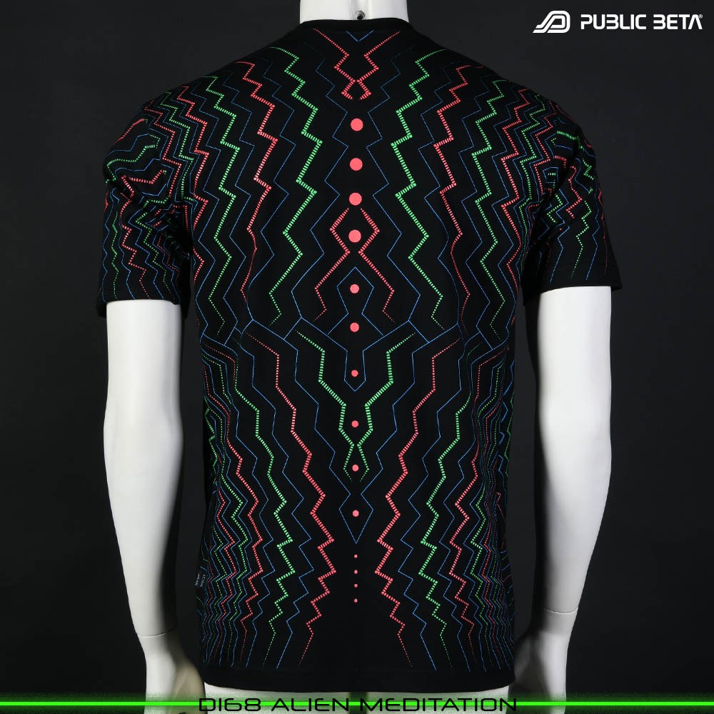 Alien Meditation Visionary psychedelic art print on t-shirt. Durable Glow in Blacklight full print by Public Beta Wear