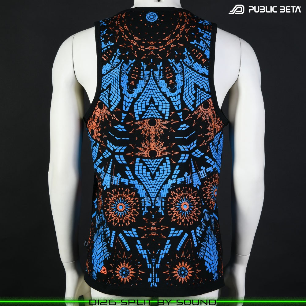 Split by Sound Sleeveless Shirt with Futuristic Psychedelic Print. Glow in Blacklight Psytrance Clothing by Public Beta Wear