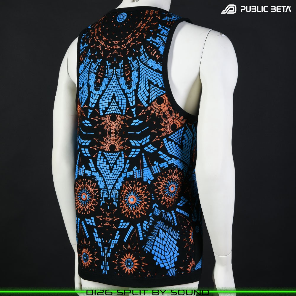 Split by Sound Sleeveless Shirt with Futuristic Psychedelic Print. Glow in Blacklight Psytrance Clothing by Public Beta Wear