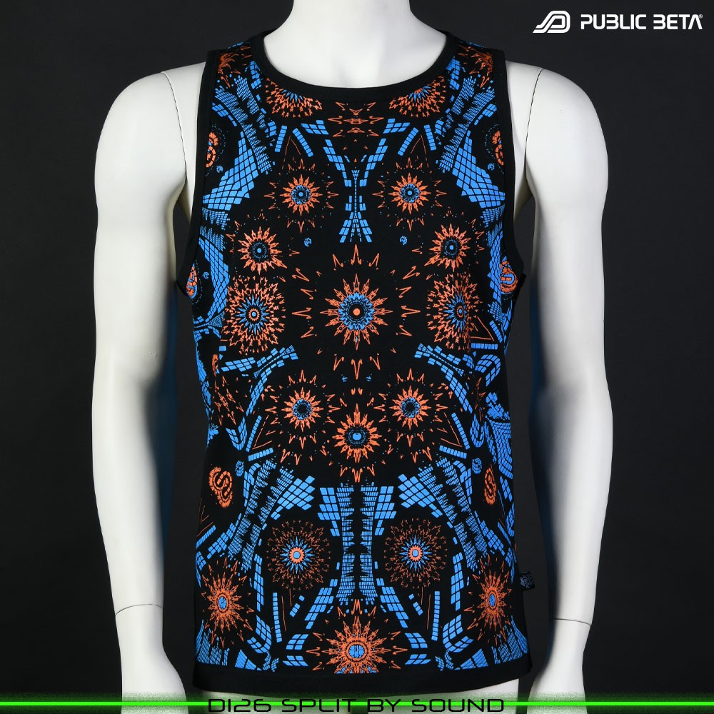 Split by Sound Sleeveless Shirt with Futuristic Psychedelic Print. Glow in Blacklight Psytrance Clothing by Public Beta Wear