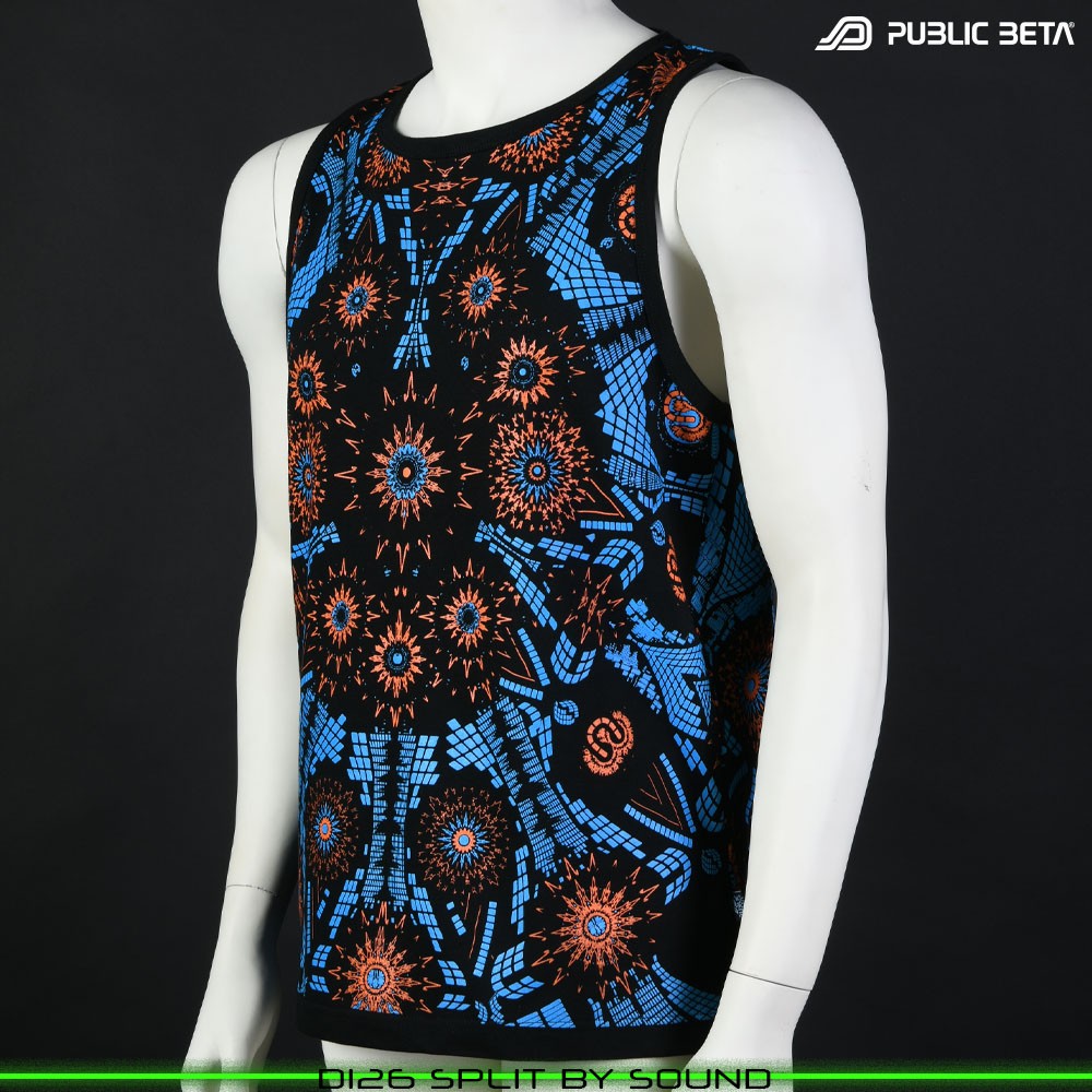 Split by Sound Sleeveless Shirt with Futuristic Psychedelic Print. Glow in Blacklight Psytrance Clothing by Public Beta Wear