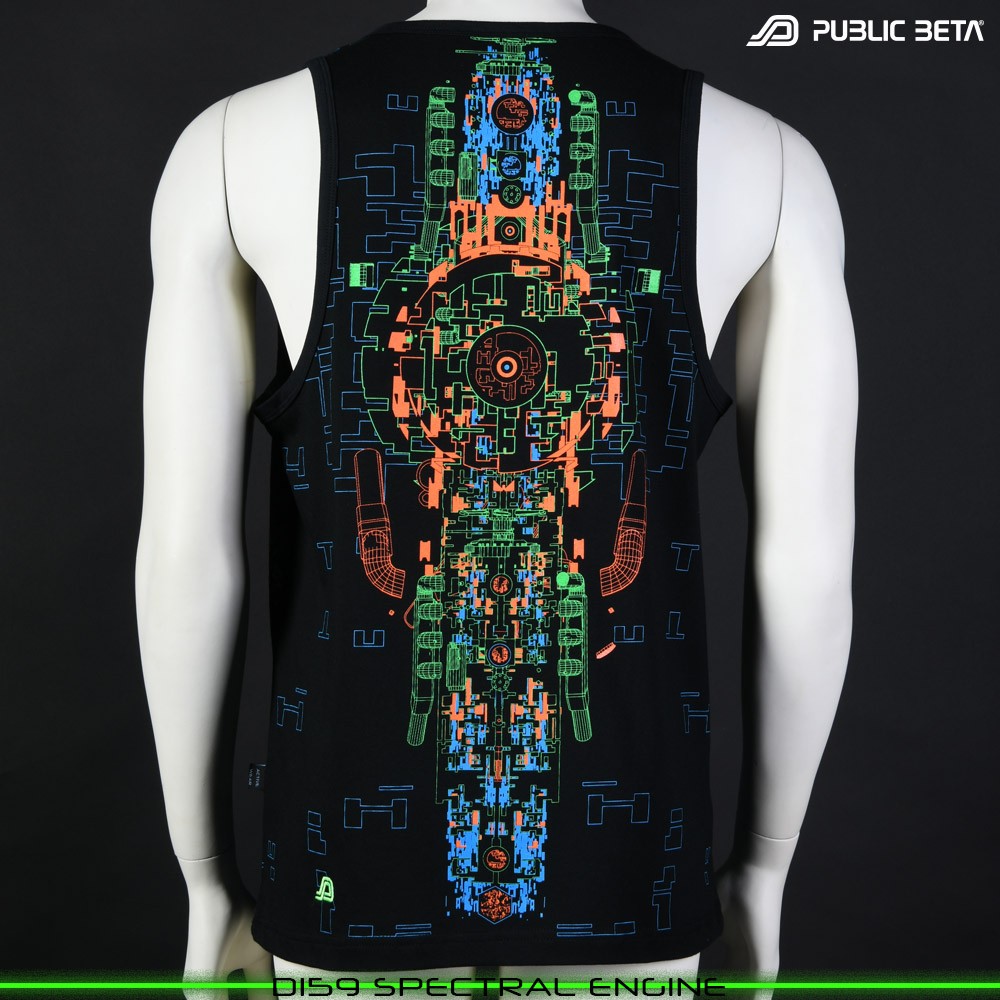 Spectral Engine Sleeveless Shirt with Futuristic Psychedelic Print. Glow in Blacklight Psytrance Clothing by Public Beta Wear